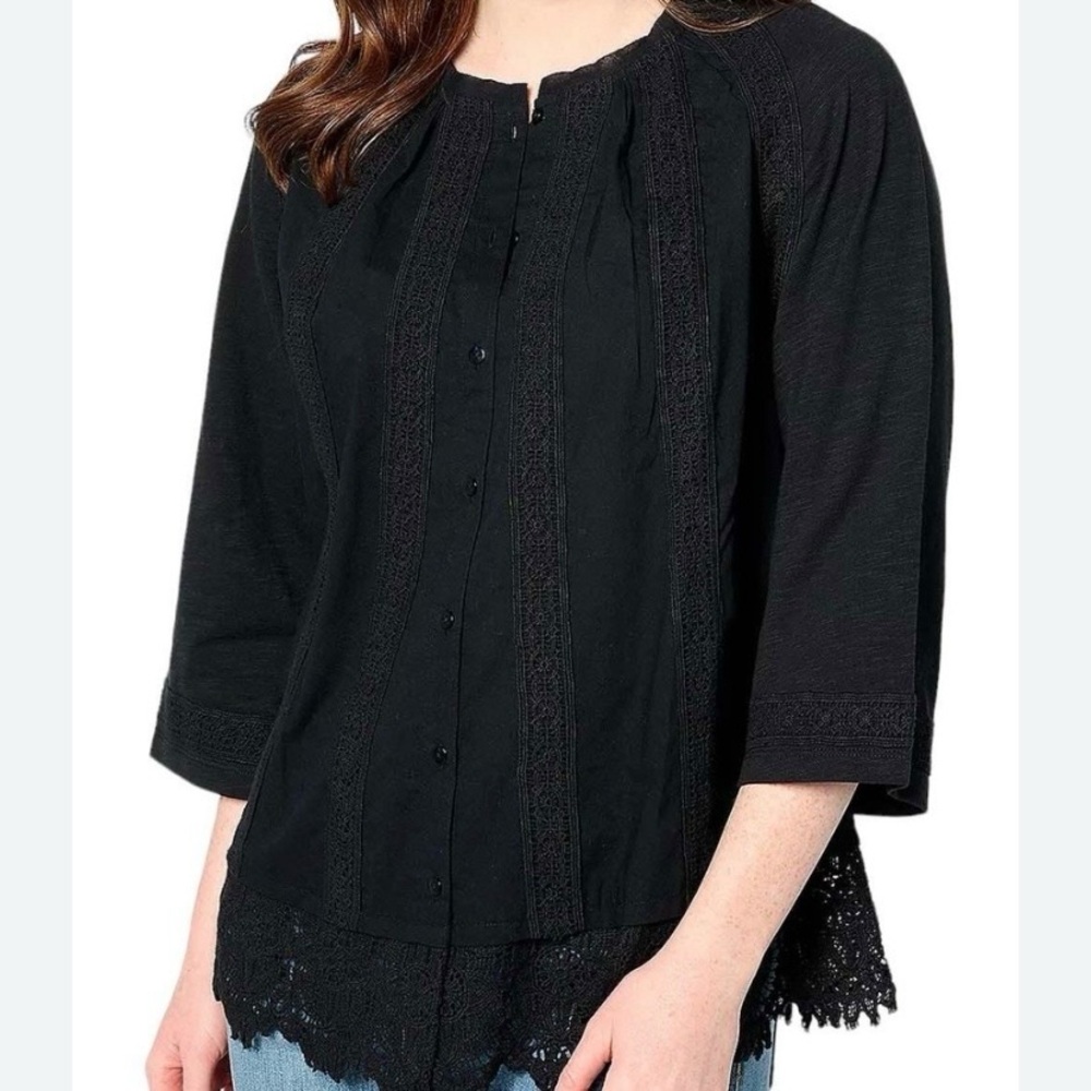 LOGO Lavish by Lori Goldstein Woven Button Front Top w/Lace Trim Black Size M